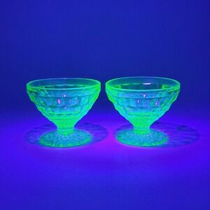 Vintage Green Uranium Glass Sherbet Cups Diamond Point Dessert Bowls Set of 2